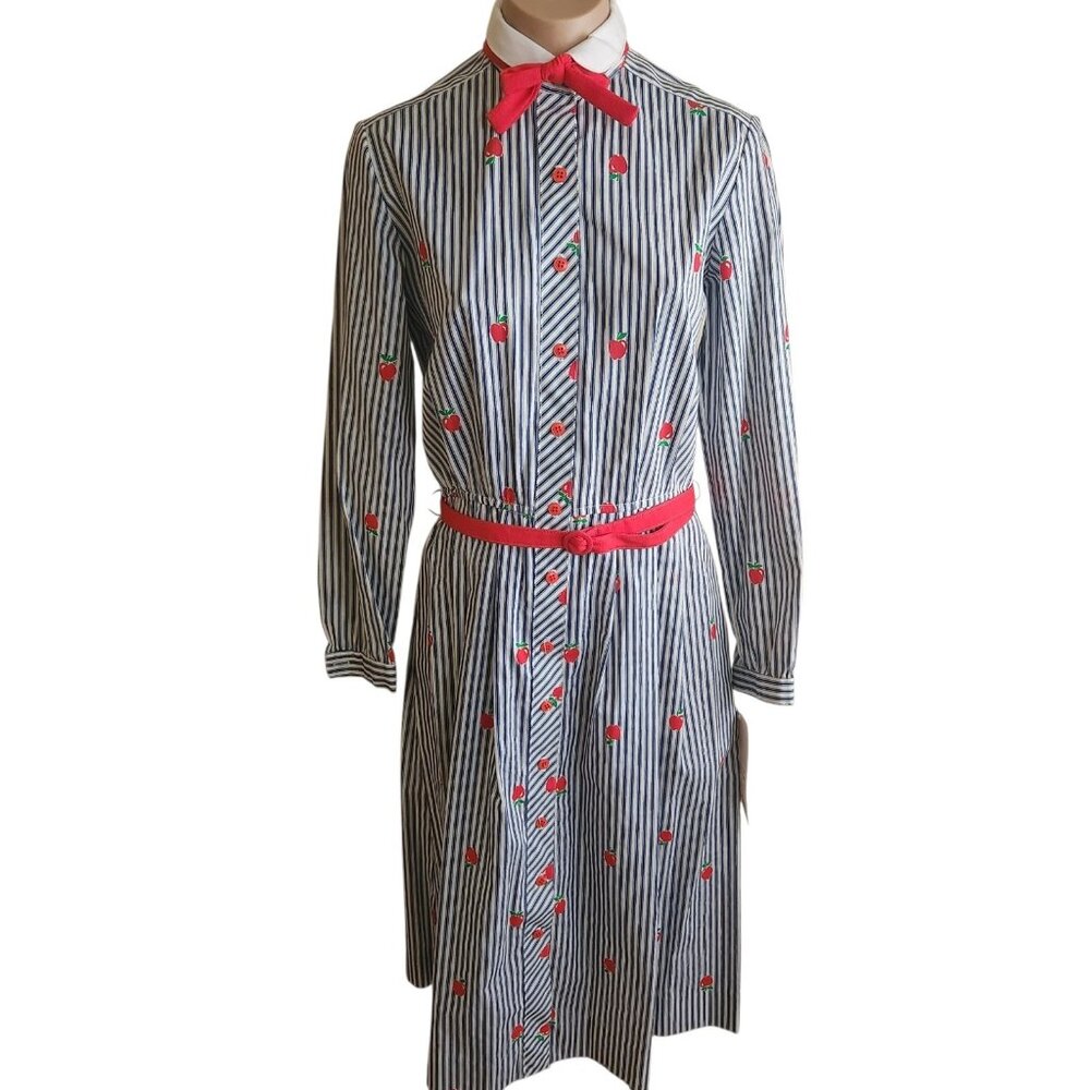 Vintage Lanz 1970s Belted Shirt Dress Teacher Apple Stripes Print Size 11/12